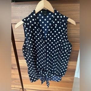 Sleeveless Ann Taylor petite navy and white polka dot tie wasted blouse